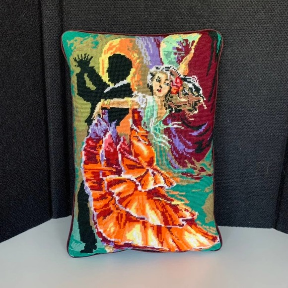 Vintage Needlepoint Flamenco Salsa Dancing Couple Dancer Latina18x12Pillow.